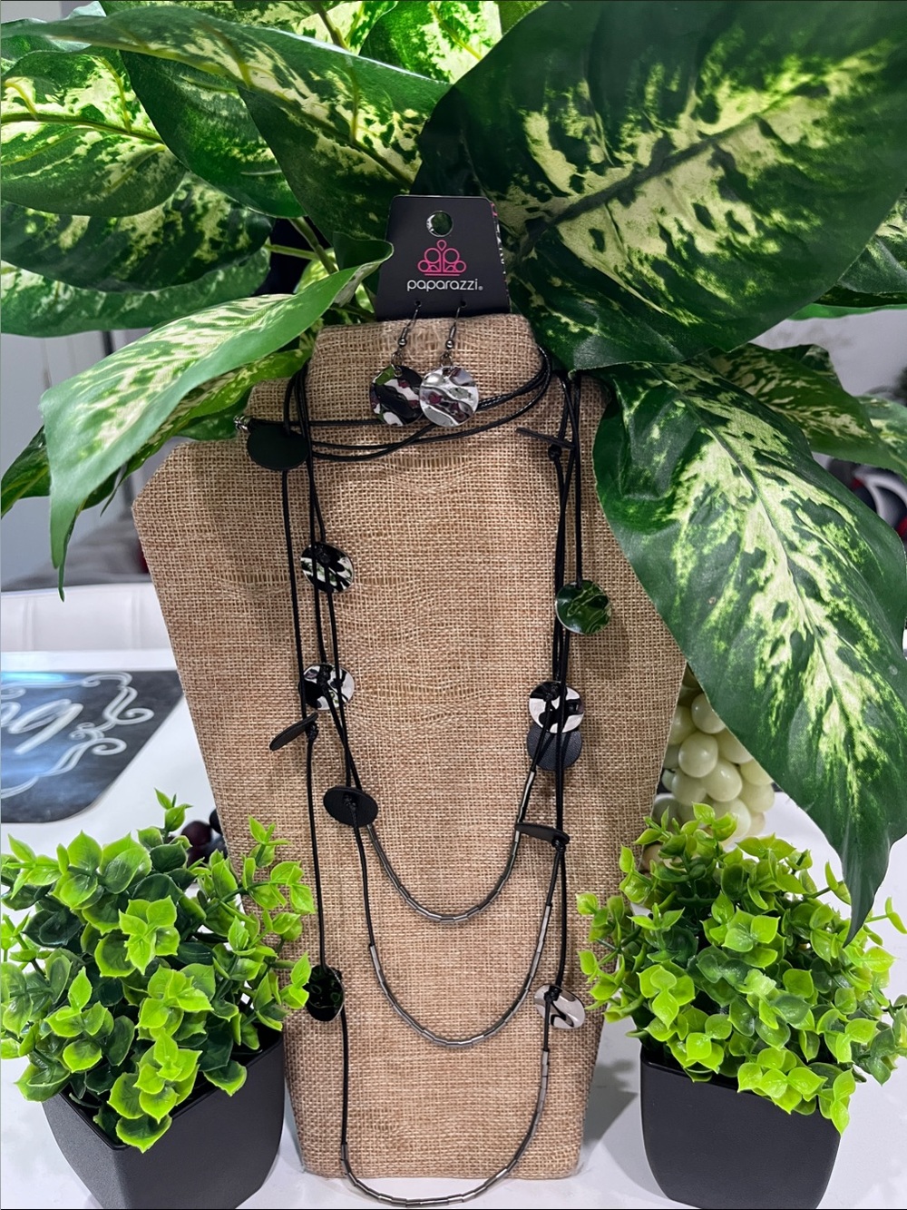 paparazzi long Black and White Layered Disc Necklace